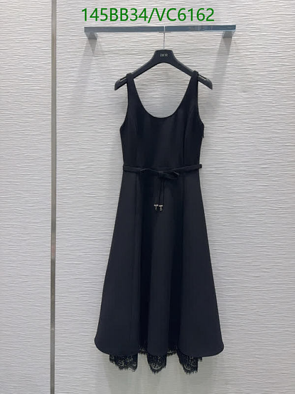 Dior Elegant Black Sleeveless Dress with Lace Hem & Belted Waist VC6162