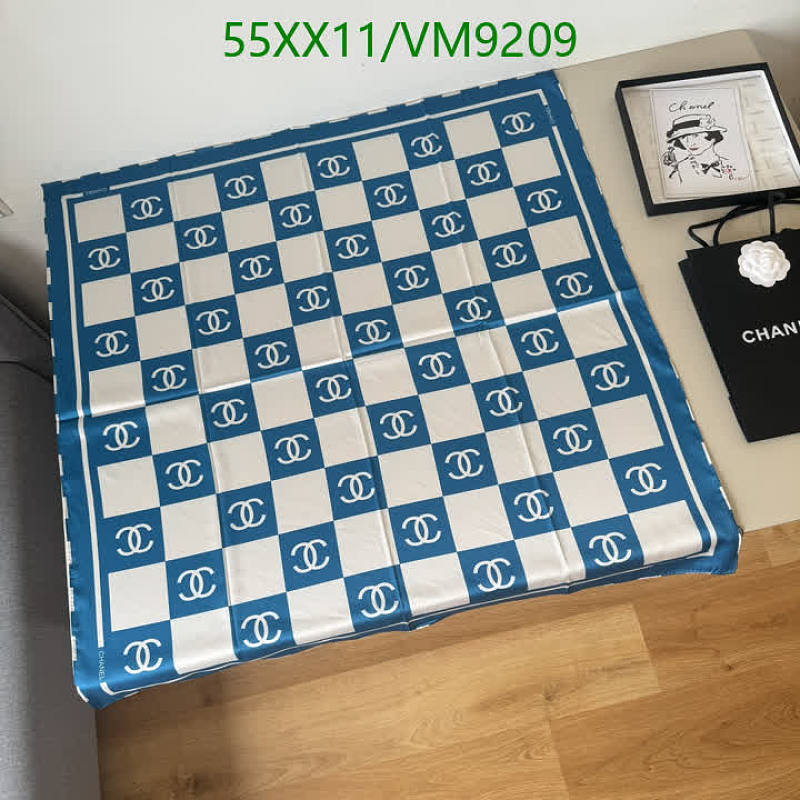 Chanel Silk Scarf 90x90cm - Elegant Blue & White Checkered Logo Design
