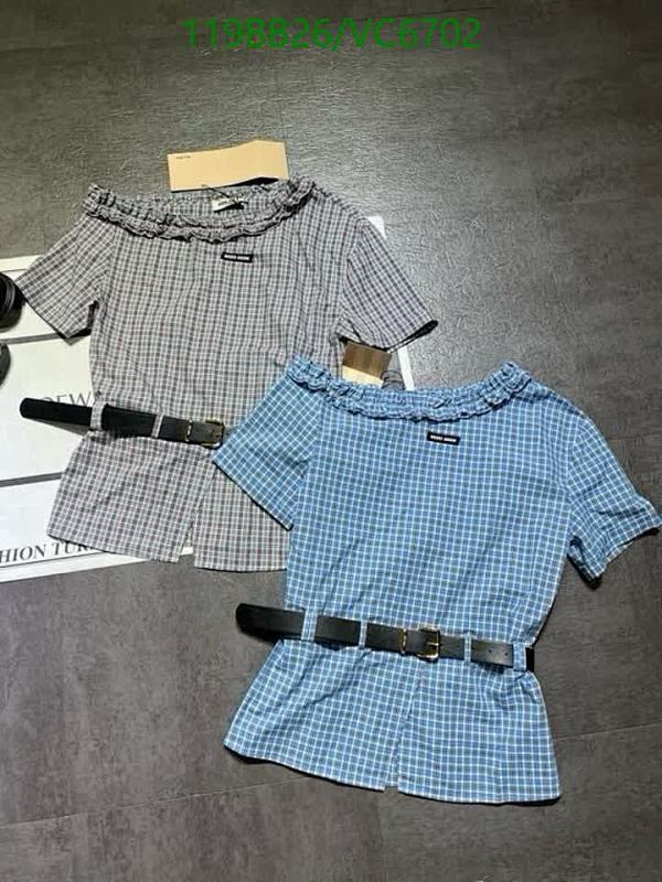 Miu Miu Women's Plaid Ruffled Collar Cotton Blouse with Short Sleeves