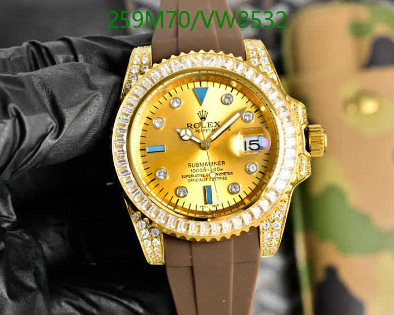Rolex Submariner Gold Tone Watch with Diamond Bezel and Brown Strap