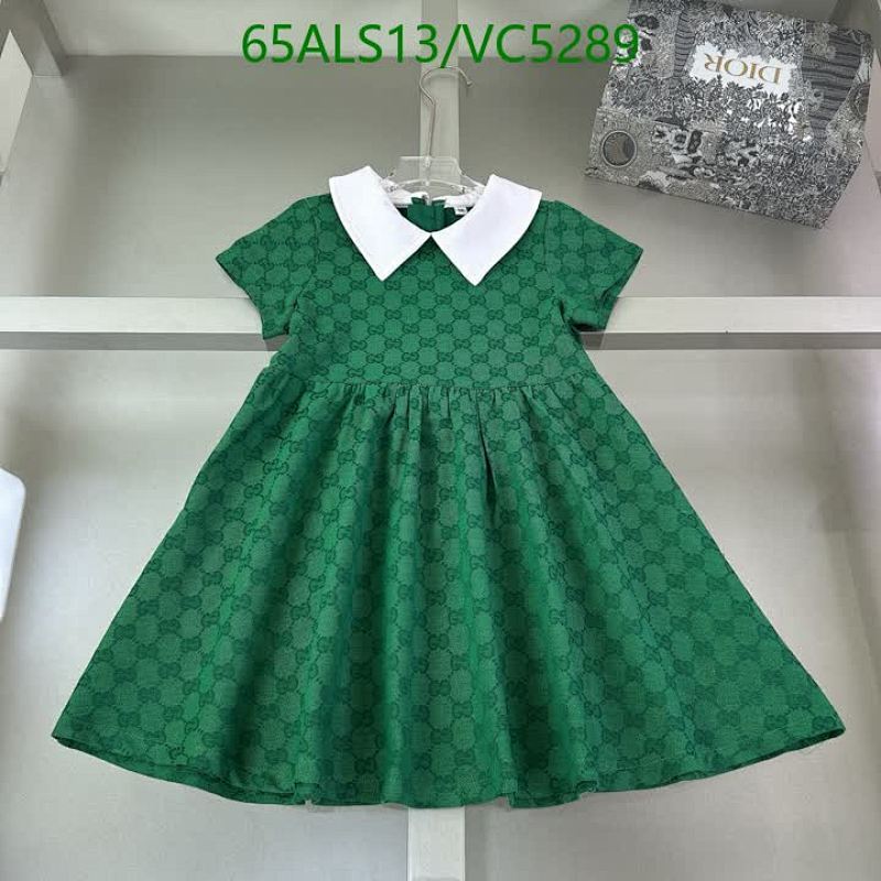 Gucci Kids' Green GG Logo Dress with White Collar - Cotton VC5289