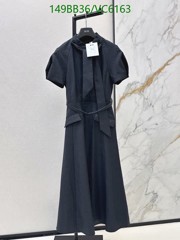Dior Elegant Black Short Sleeve Midi Dress with Tie-Neck & Belt Detail