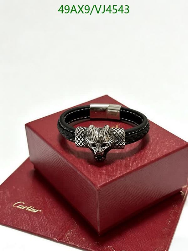 Cartier Men's Black Leather Bracelet with Silver Wolf Head Charm