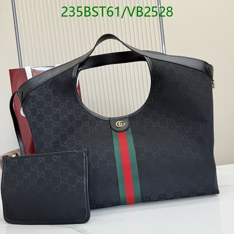 Gucci GG Canvas Tote Bag with Web Stripe and Pouch - Black Leather