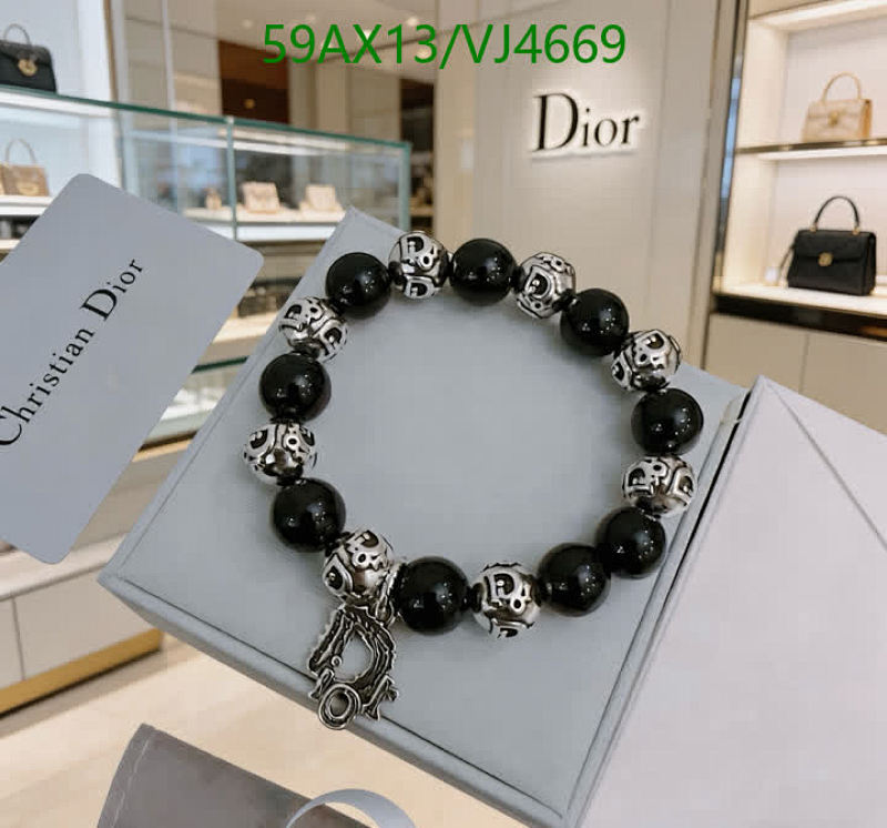 Dior Elegant Black & Silver Beaded Bracelet with Signature Charm