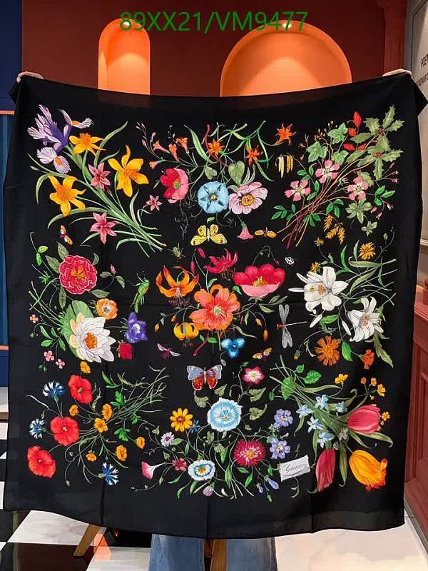 Gucci Real Silk Square Scarf Black Floral Print 140x140cm