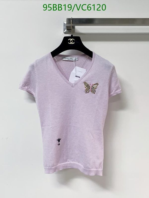 Dior Women's Cotton V-Neck Tee with Embroidered Butterfly - Light Pink