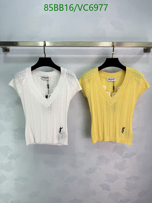 Yves Saint Laurent Women's Knitted V-Neck Short Sleeve Top with YSL Logo