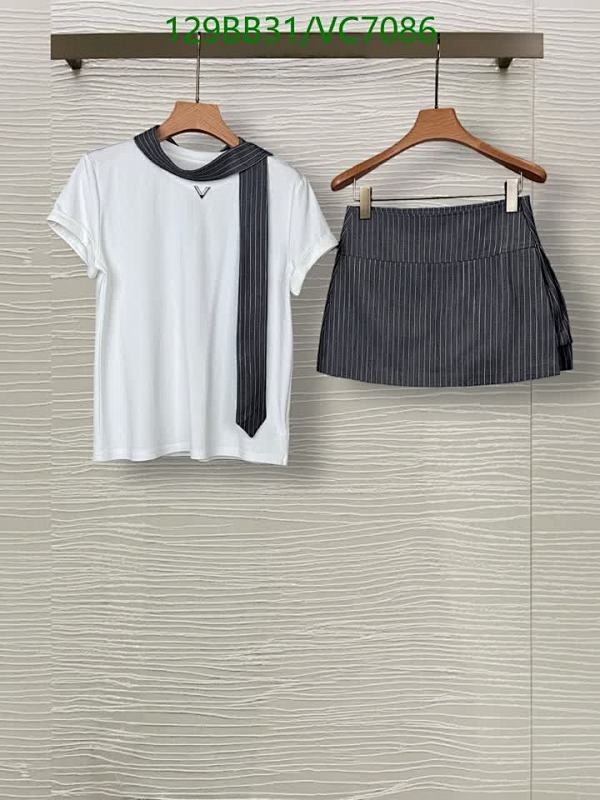 Louis Vuitton Women's Cotton T-Shirt & Striped Skirt Set - White & Grey