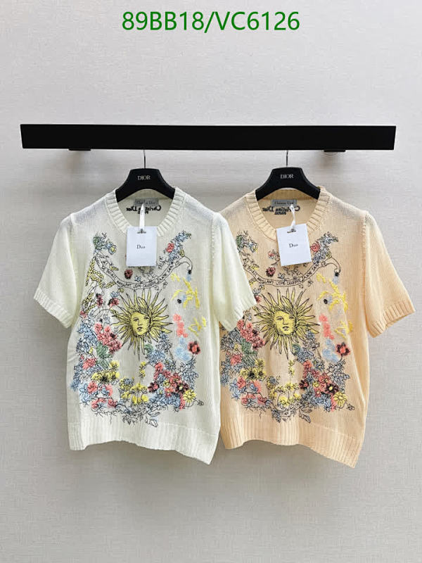 Dior Knitted Cotton Short Sleeve Top for Women - Sun & Floral Embroidery