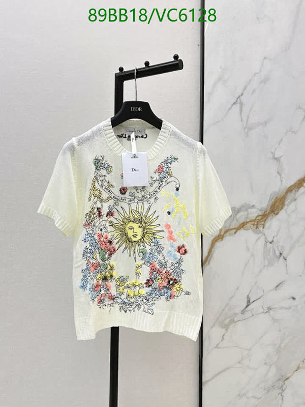Dior Knitted Cotton Short Sleeve Top with Floral Sun Embroidery