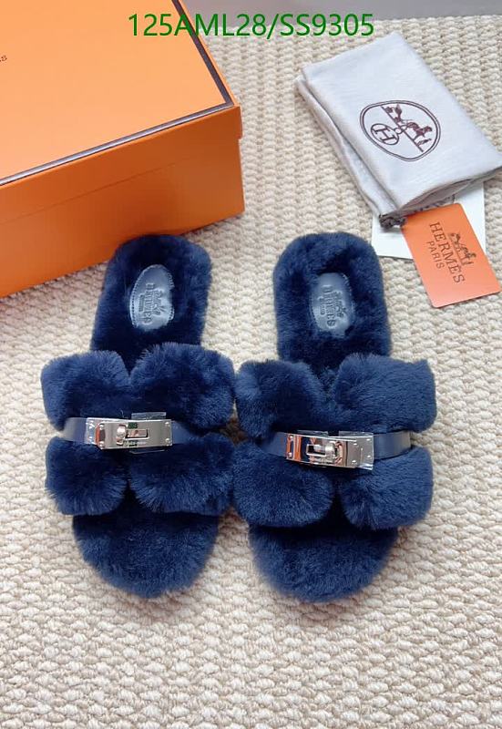 Hermes Women's Wool & Sheepskin Furry Slippers with Leather Strap - Blue