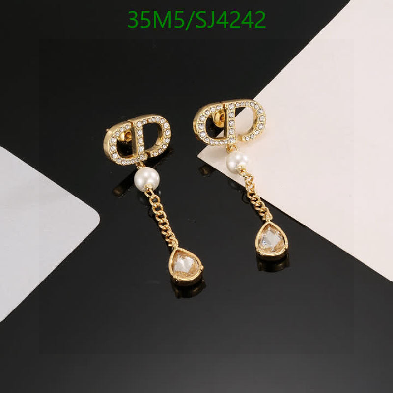 Dior CD Pearl Drop Earrings with Crystal Accents - Gold Tone
