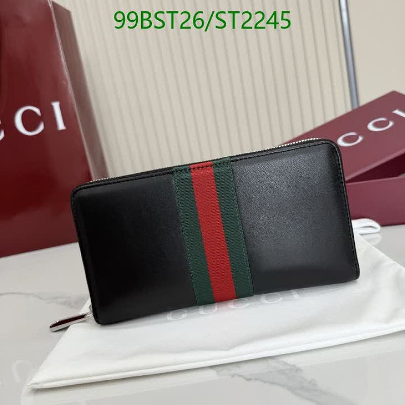 Gucci Black Leather Zip-Around Wallet with Green and Red Stripe Detail