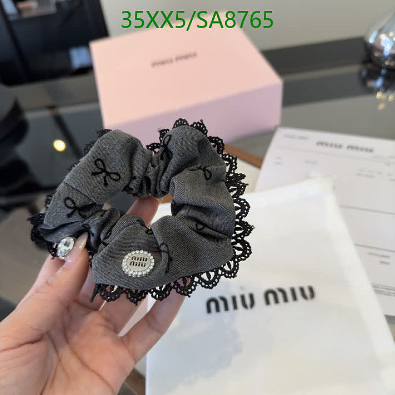 Miu Miu Embroidered Denim Scrunchie with Lace Trim and Crystal Detail