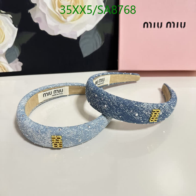 Miu Miu Denim Headband with Rhinestones and Gold Embellishment