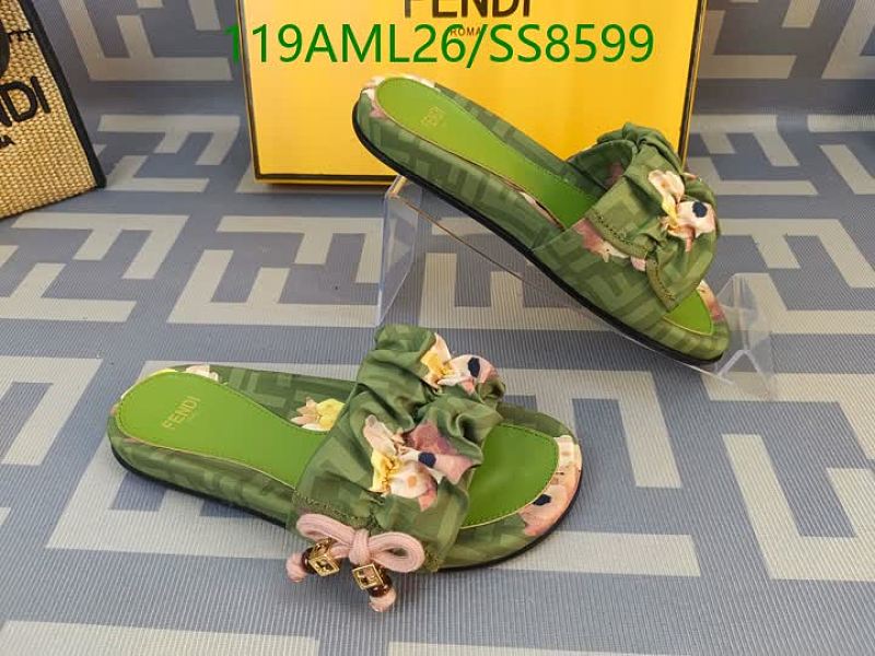Fendi Women's Green Floral Print Cloth & Sheepskin Slides - EU 35-45