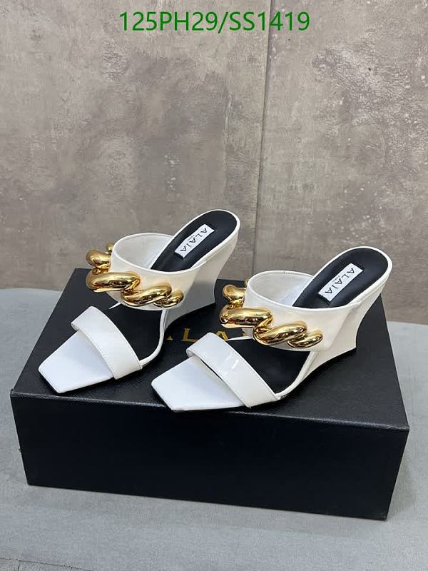 Alaia Women's White Patent Leather Wedge Sandals with Gold Chain Detail