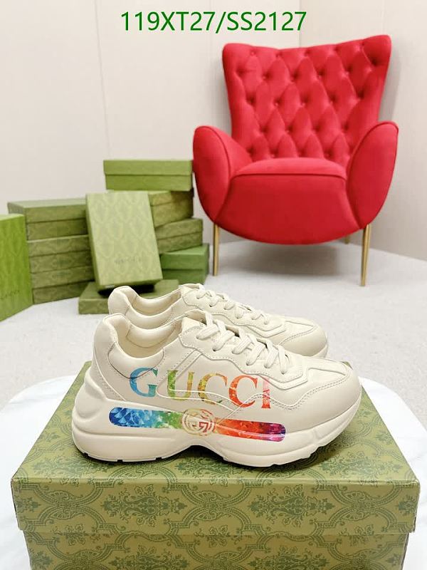Gucci Women's Beige Leather Low-Top Sneakers with Rainbow Logo