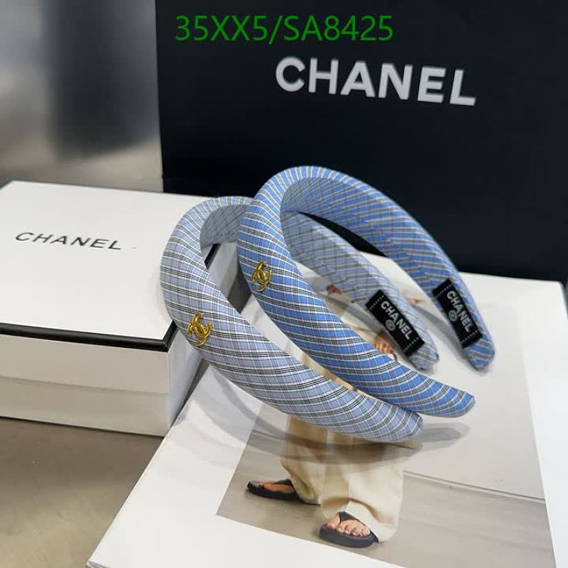 Chanel Plaid Padded Headband with Gold CC Logo - Blue/White