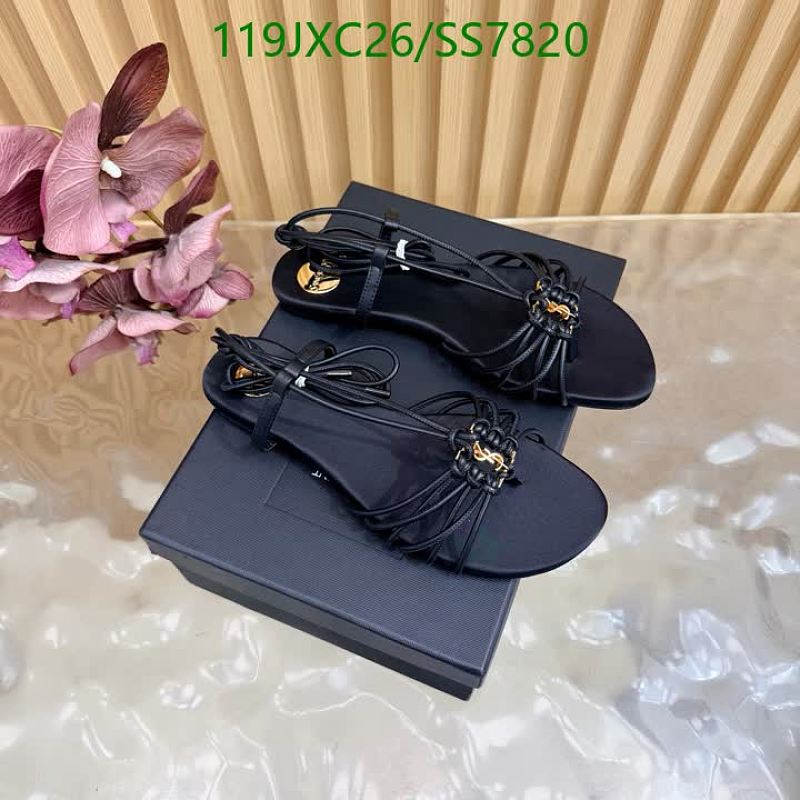 Yves Saint Laurent Women's Black Leather Flat Sandals with Gold Hardware