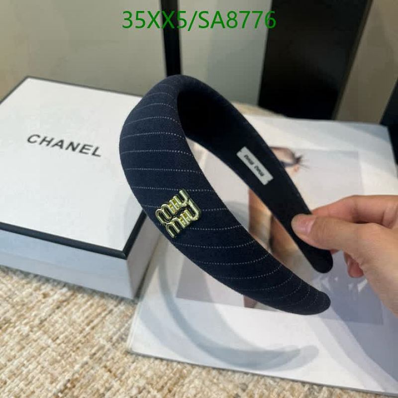 Miu Miu Pinstripe Headband with Gold Logo Accent