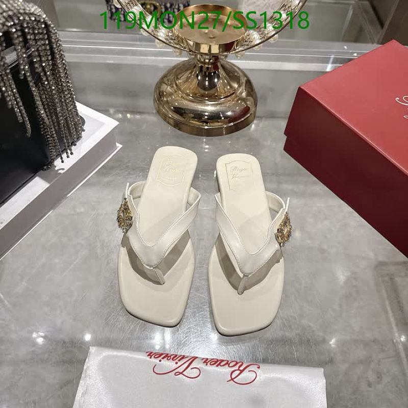 Roger Vivier Women's Cream Leather Thong Sandals with Embellishment
