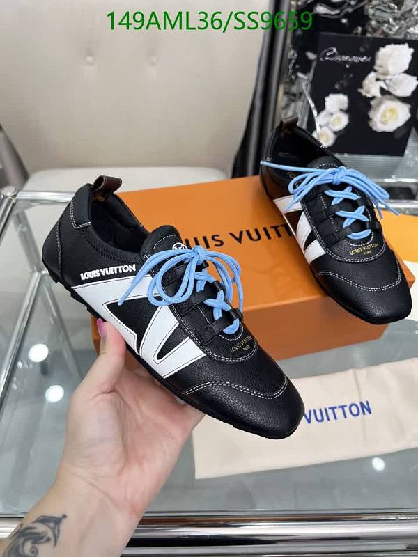 Louis Vuitton Women's Black & White Leather Sneakers with Blue Laces