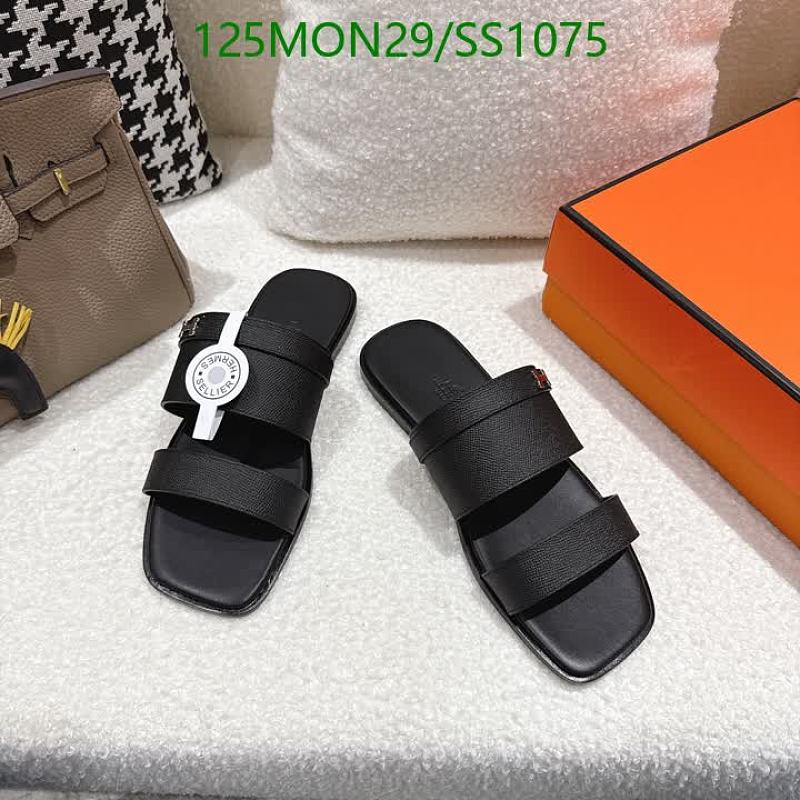 Hermès Men's Black Calfskin Leather Double Strap Slides - Size EU 39-47
