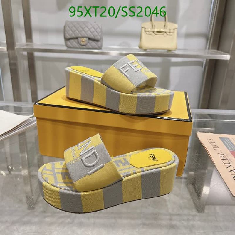 Fendi Women's Platform Wedge Sandals - Yellow & Grey Stripe Canvas