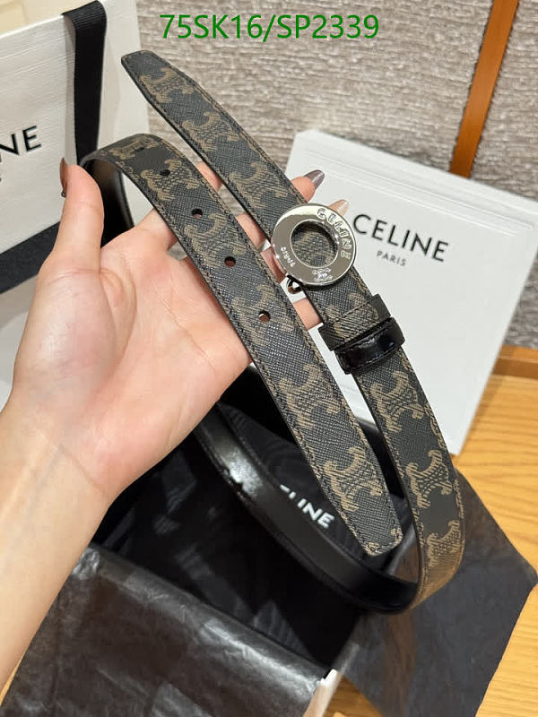 Celinee Triomphe Canvas Belt with Calfskin Leather Trim