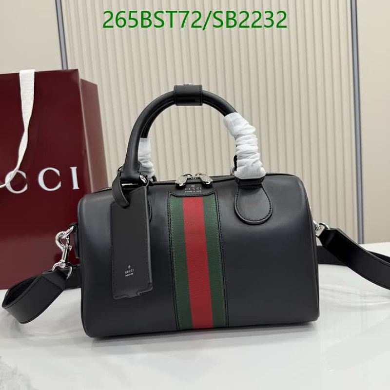 Gucci Black Leather Boston Bag with Red and Green Stripe Detail